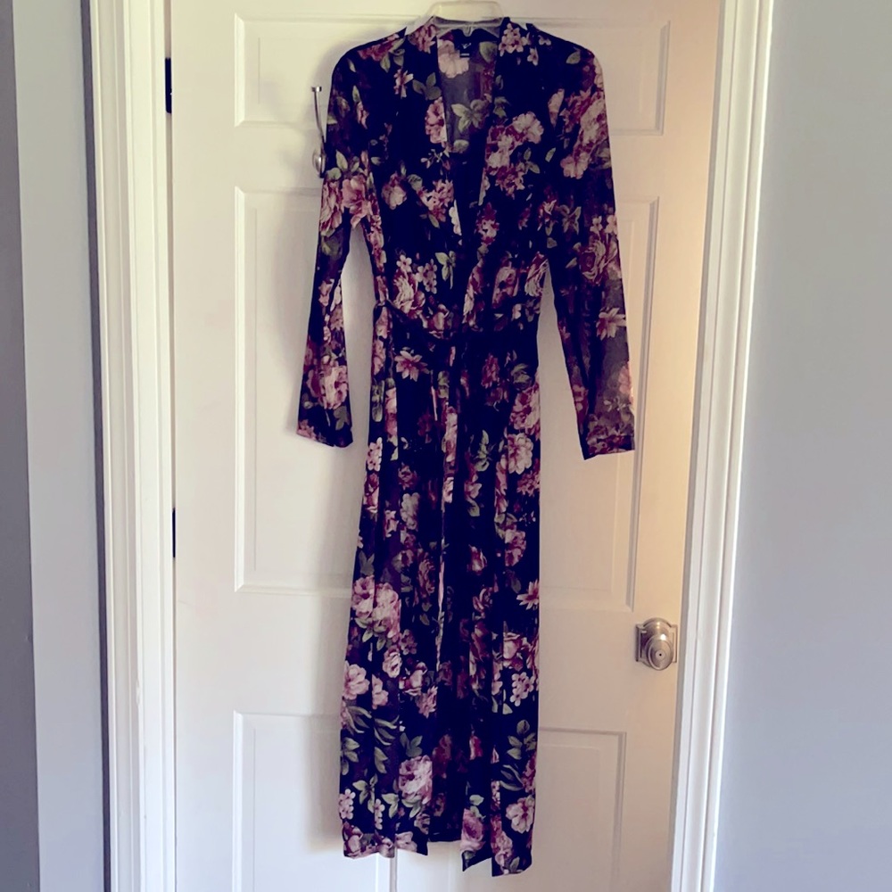 Long belted black mesh tunic w/ pink rose pattern